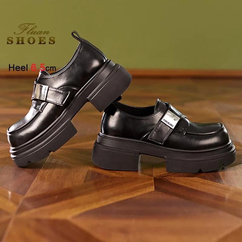 Scarpe singole da donna in vera pelle autunno moda piattaforma spessa mocassini con cinturino con fibbia metallica scarpe casual con tacco grosso da 6,5 cm