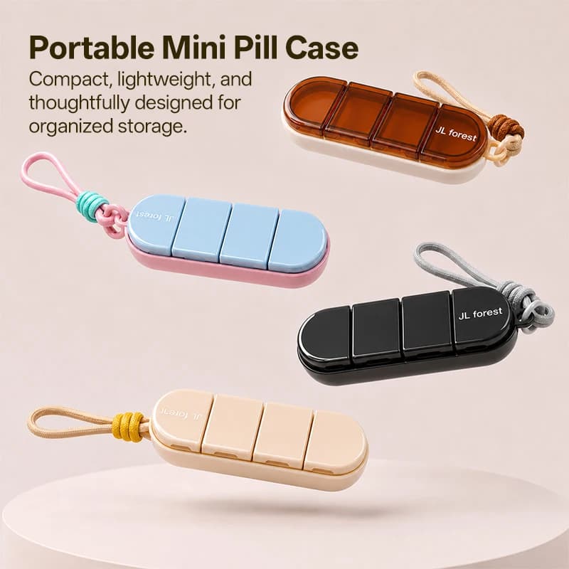 4 Independent Grids Portable Pill Case with Lanyard, Pocket Size Travel Vitamin Tablet Organizer for Outdoor Trip Purse Carry