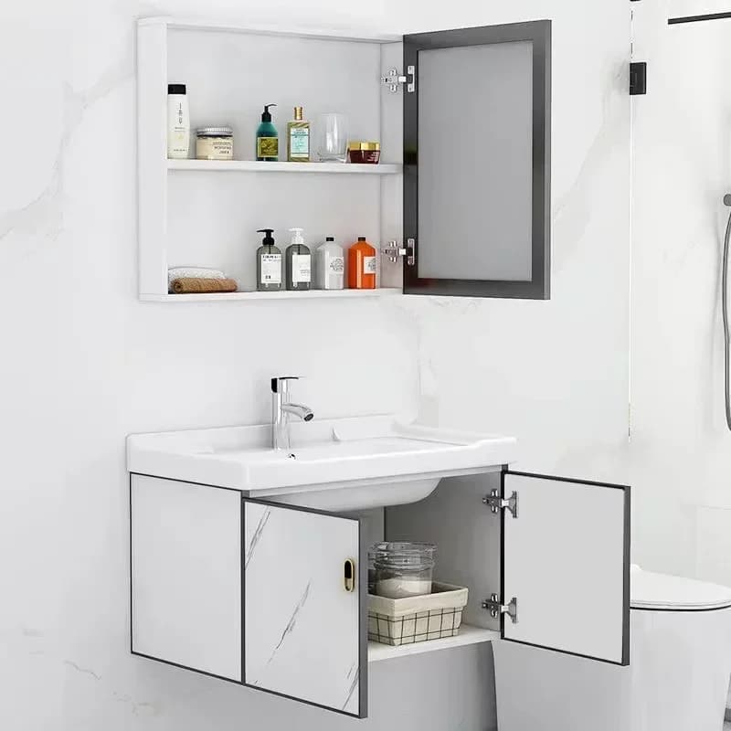 Per l'hotel moderno, mobiletto da bagno, lavello, specchio in metallo, trucco, cura della pelle, armadio, ripiani da bagno