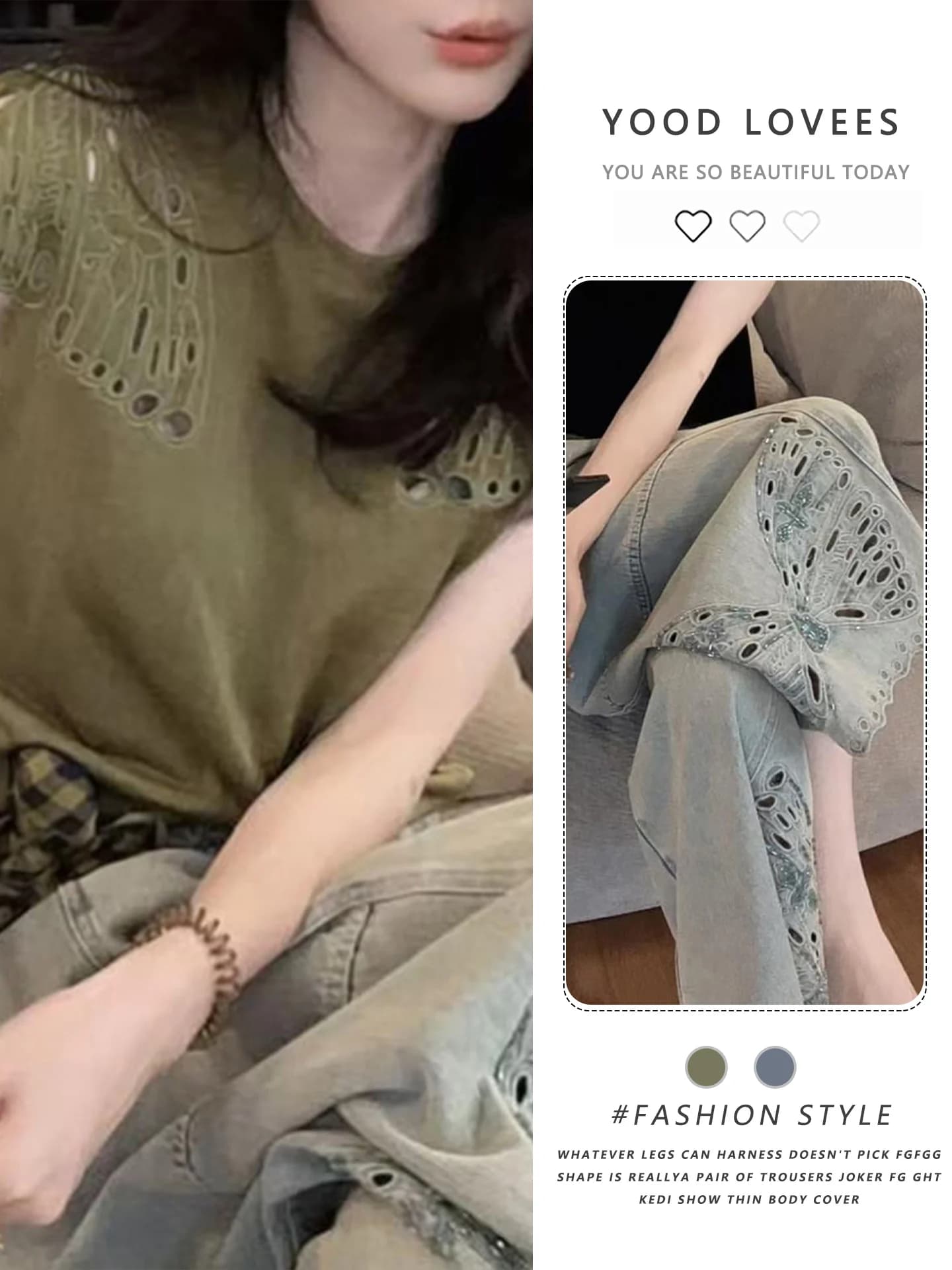 Summer 2026 Women's Fashion Short Sleeve T-Shirt Hollow out Denim Pants Two-Piece Set High Waist Straight Leg Casual Wear