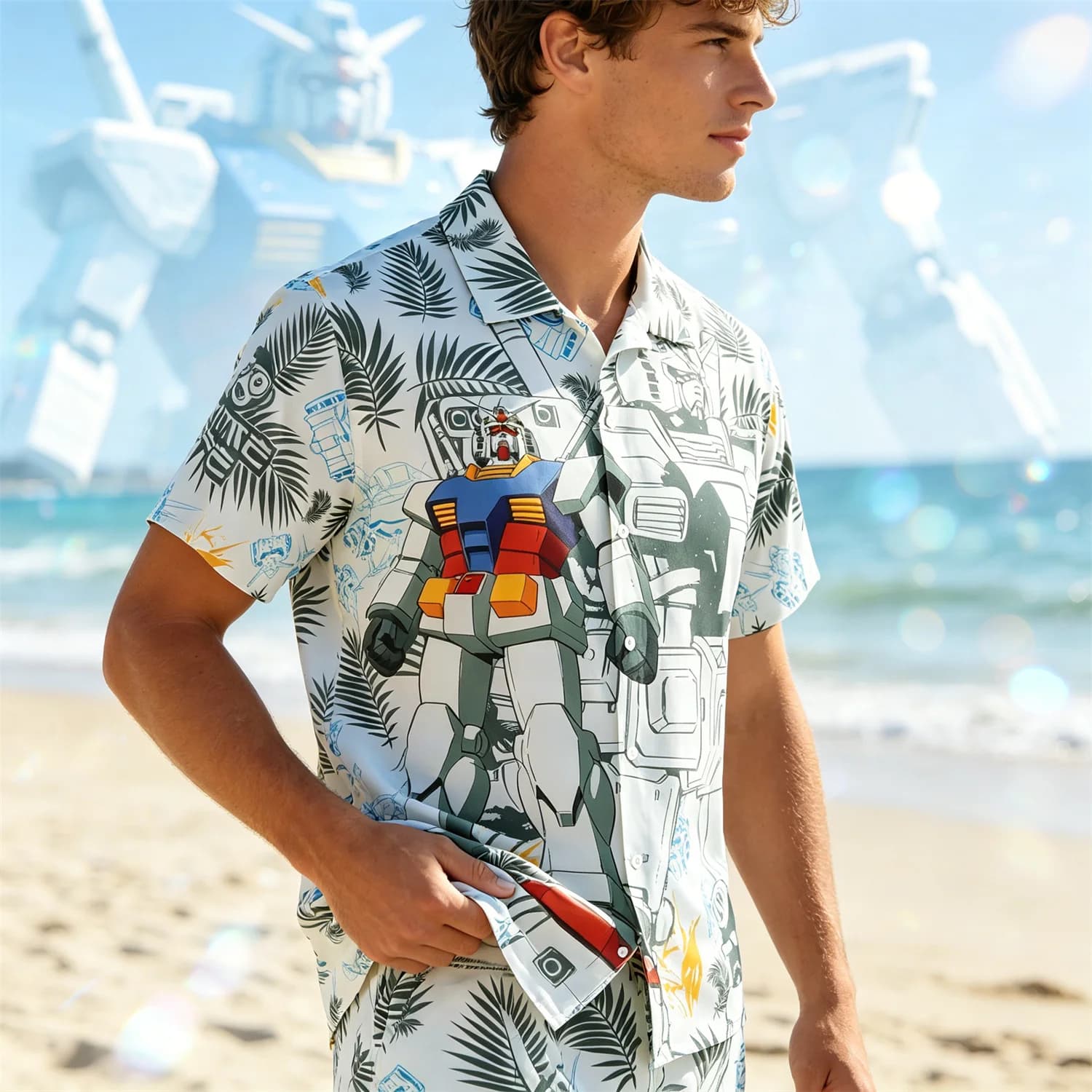 Gundam RX-78-2 Tropical Palm Leaf Full Print Lapel Short Sleeve Shirt For Men Women Kids Anime Beach Casual Top
