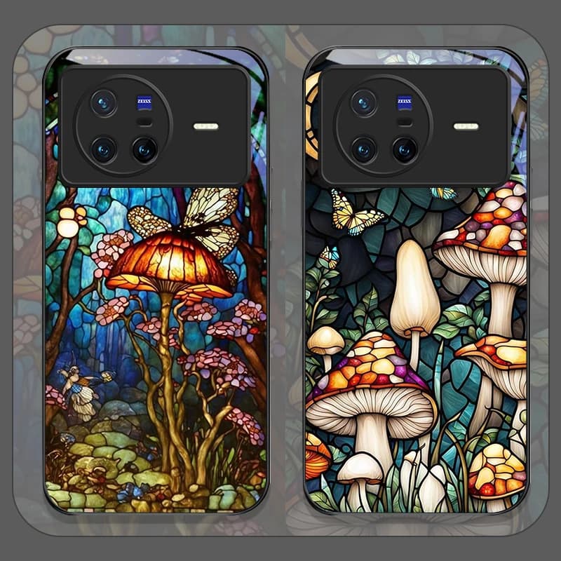 Custodia per Telefono in Vetro Temperato con Motivo a Funghi della Foresta in Stile Vetro Colorato per OPPO Reno 13F 12 11 10 ProPlus Find X8 X5 X3PRO Lite
