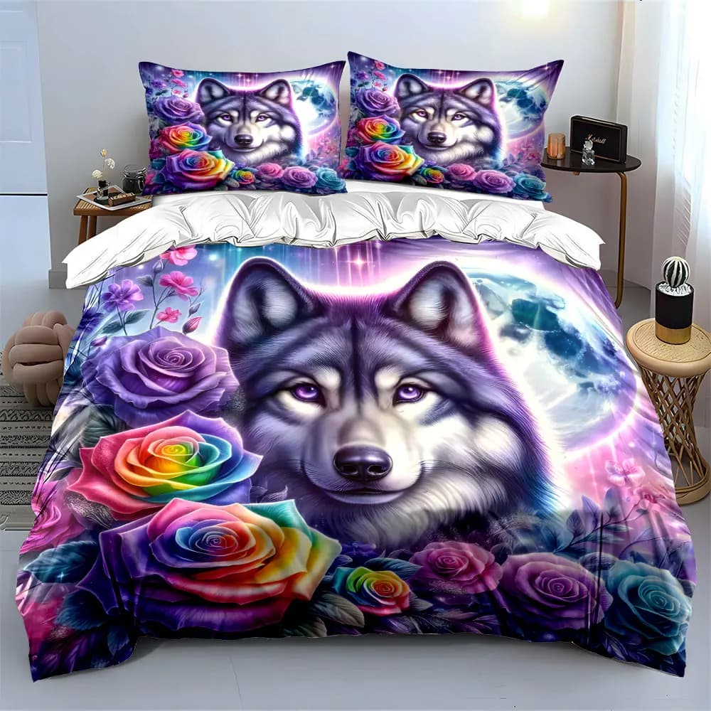 Dreamy Wolf with Rainbow Roses Print Bedding Set 1 Duvet Cover 2 Pillowcases for Adult and Children Luxury Gift Full Size