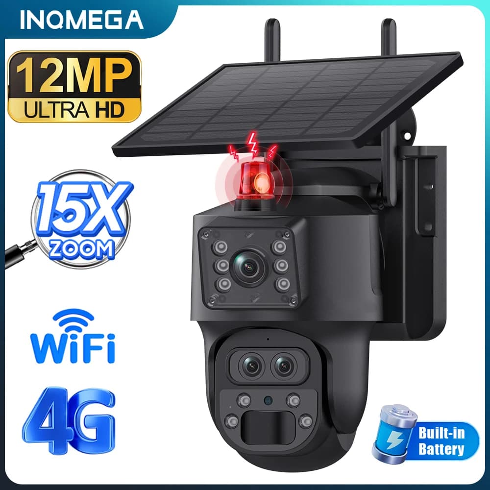 INQMEGA 12MP 3 lenti 15X solare 4G WIFI PTZ telecamera 7800mAh batteria rilevamento PIR 7M impermeabile sorveglianza di sicurezza wireless