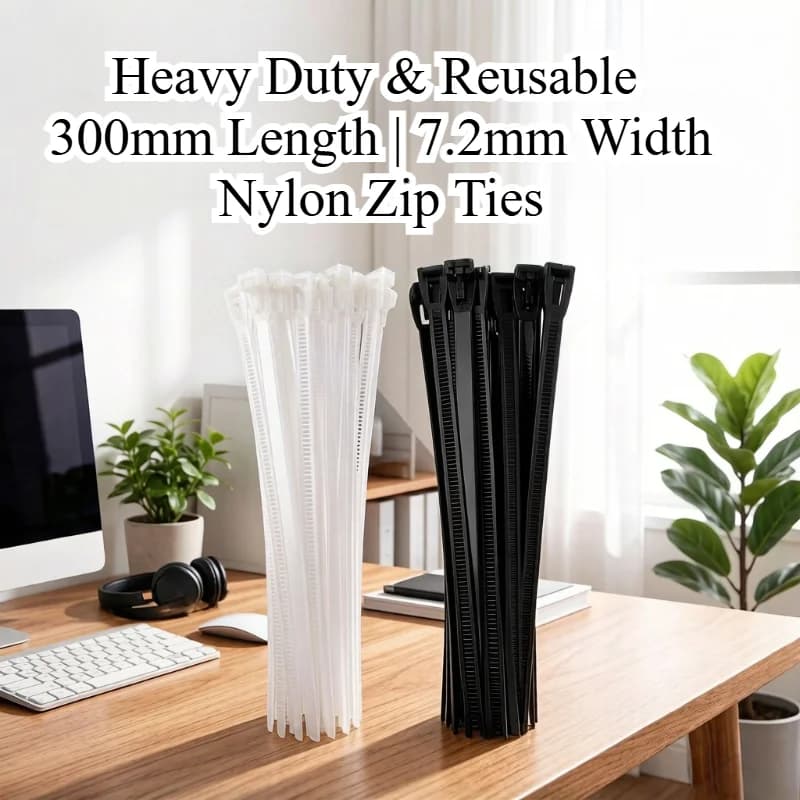 100PCS 7.2x300mm Reusable Nylon Zip Ties, Detachable Large Cable Ties for Garden Bundling & Organization, Black & White