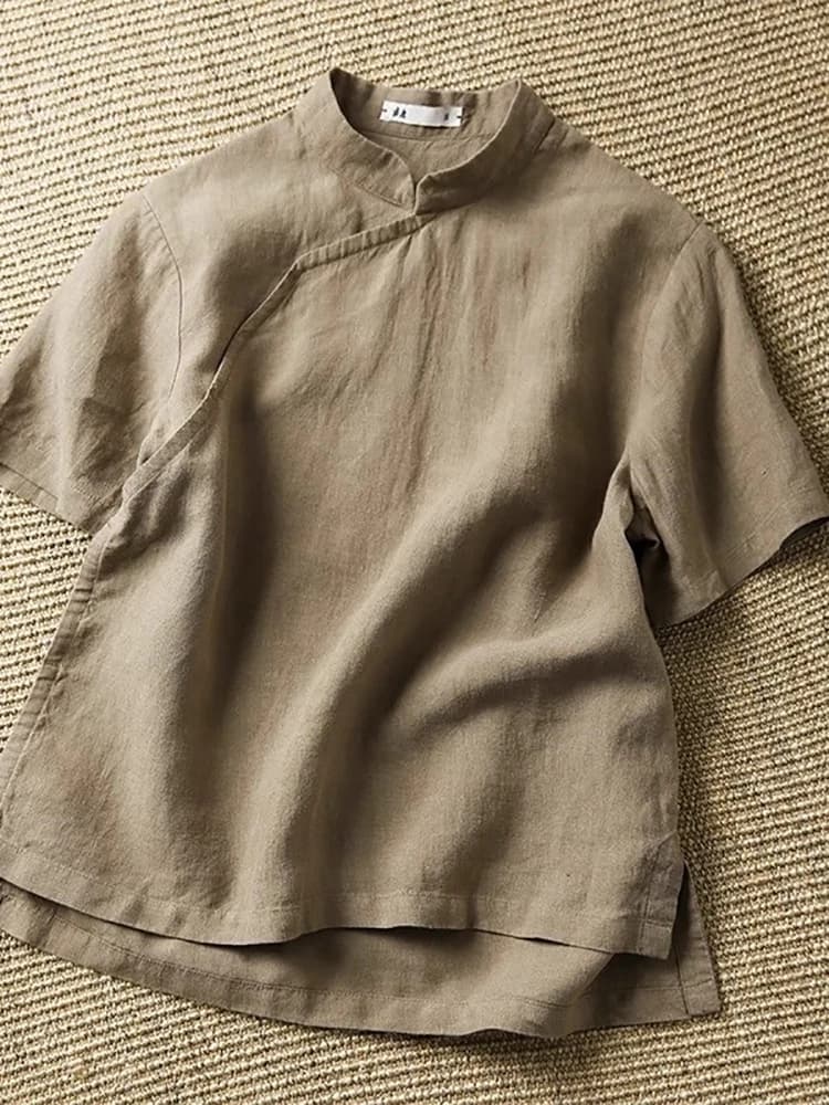 Cotton Linen Short Sleeve Shirt Women's Autumn Summer Loose Fit Flag Dress Top Chinese Traditional Tea Costume Cotton Linen S...
