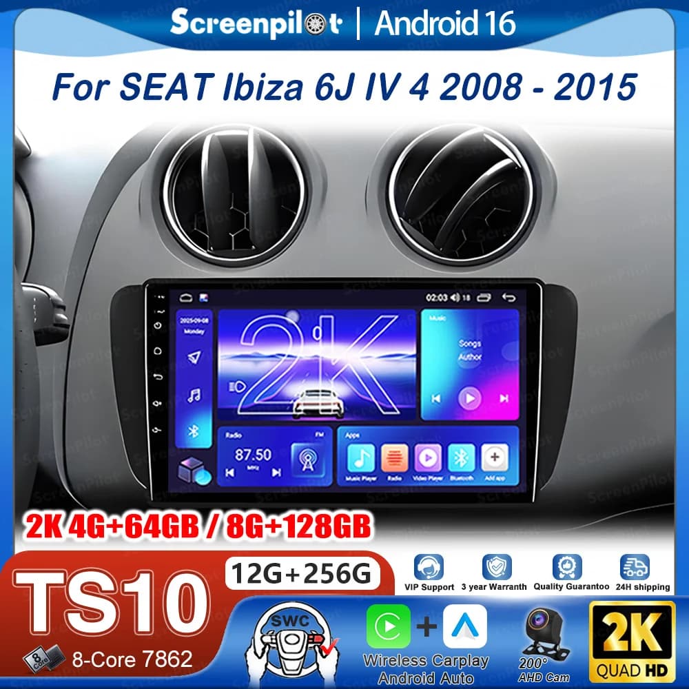 Android 16 For SEAT Ibiza 6J IV 4 2008 - 2015 Multimedia Video Player Car Radio Player Auto Stereo CarPlay Mirror Link DVD QLED