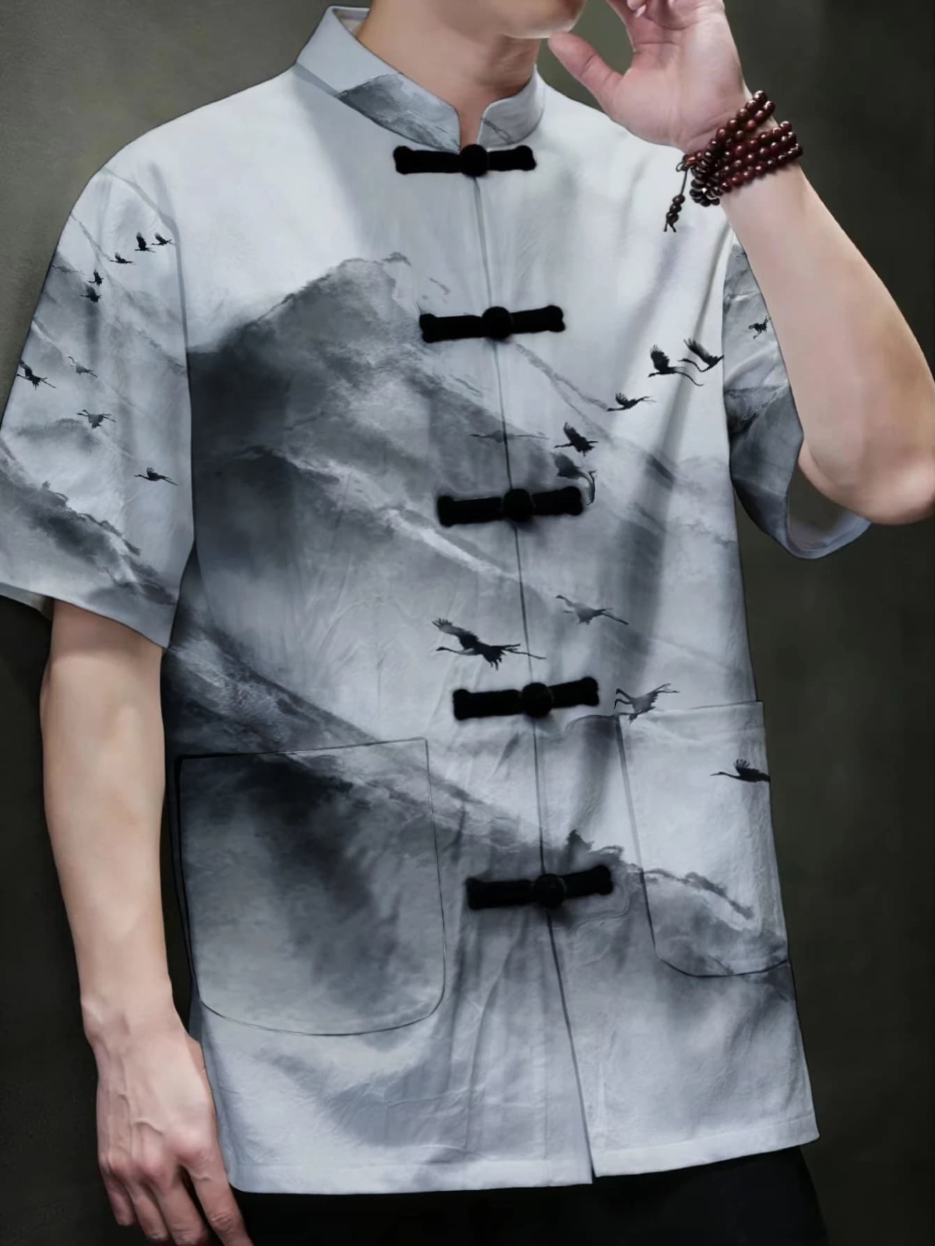 Men Chinese Tang Suit Jacket Mandarin Collar Frog Button Red Plum Blossom Cloud Totem All Over Print Long Sleeve Casual Outer Co