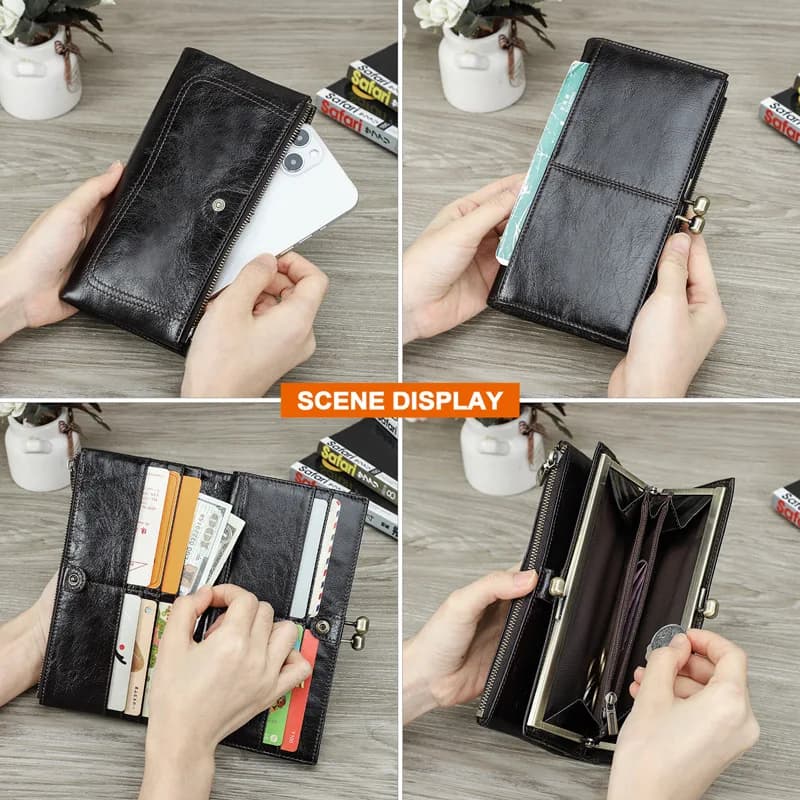 Borsa da donna lunga con cerniera e fibbia di fascia alta in pelle bovina con strato superiore Borsa da donna da viaggio pieghevole lunga da viaggio RFID