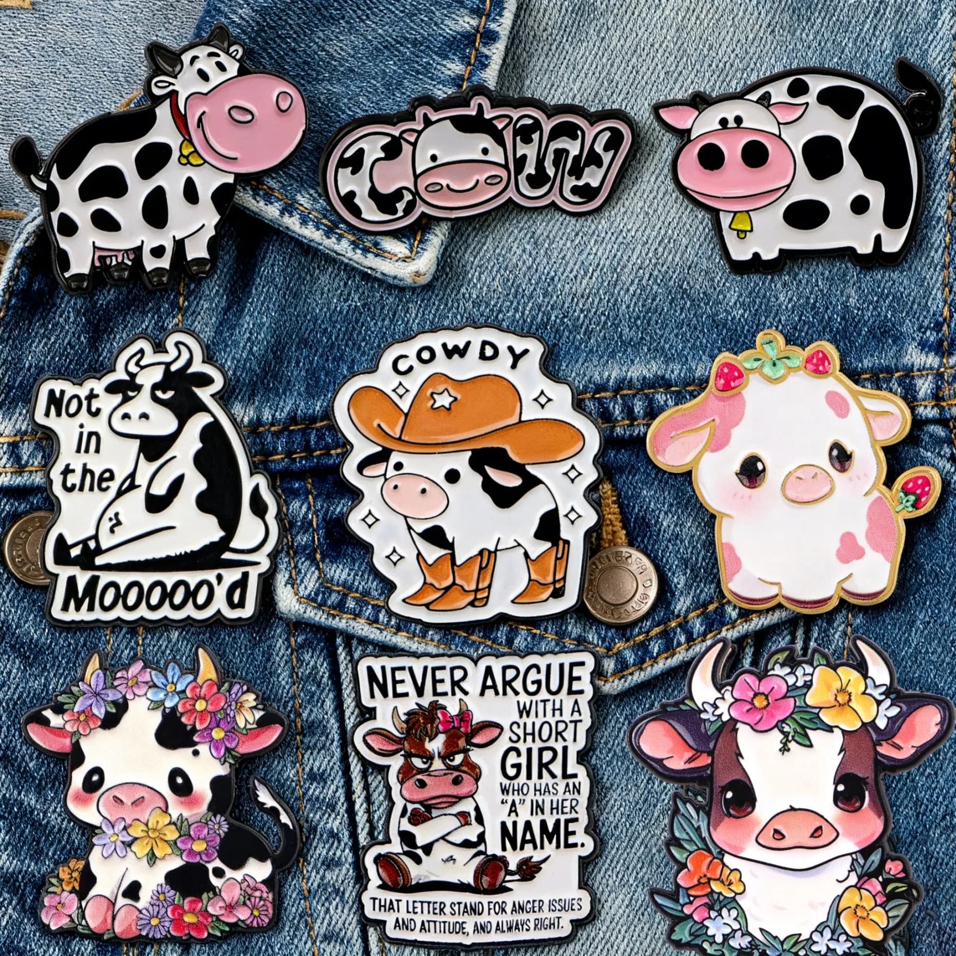 Spille in smalto a forma di mucca da cartone animato, divertenti spille a forma di mucca cowboy con scritta 'Not in the Mooooo'd, distintivi Kawaii per zaini, giacche, cappelli, regalo
