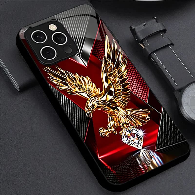 Golden Eagle Wing Pattern Glass Phone Case Suitable for iPhone 17 16 15 14 13 12 11 Pro/Max/Plus Anti Drop and Anti Shock