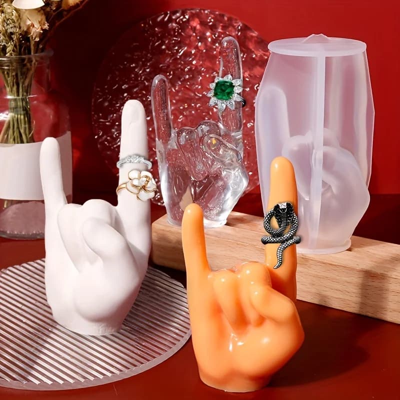 Stampo in silicone grande a forma di mano che fa il segno della roccia, per anelli in resina e creazione di candele