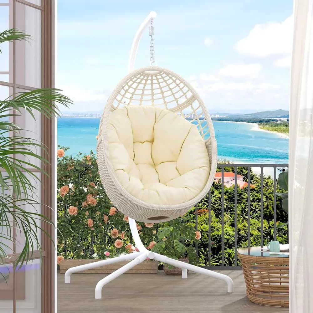 Sedia a dondolo in rattan beige da esterno con supporto - Amaca sospesa da patio con cuscino resistente ai raggi UV per uso interno o balcone