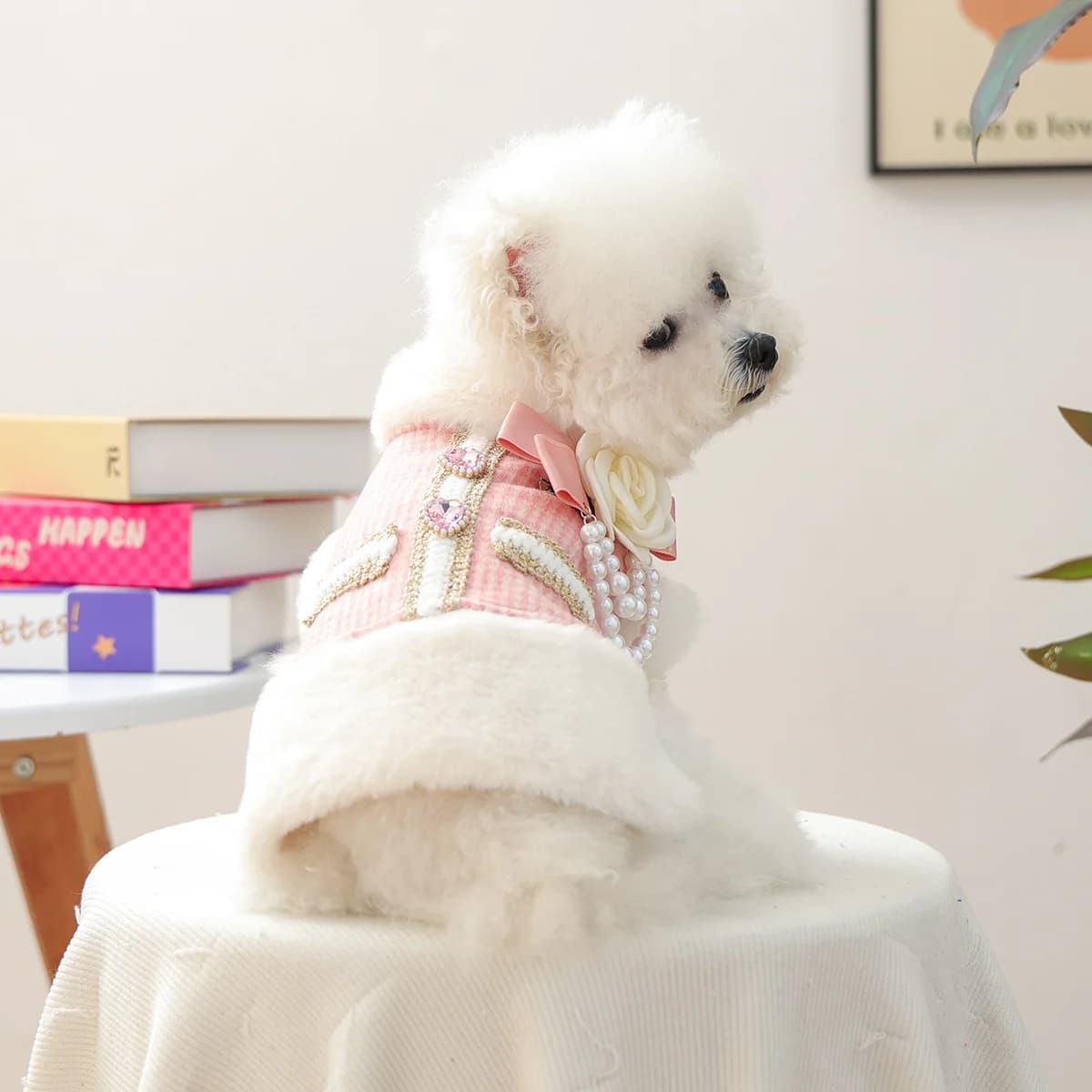 Costumi addensati con perle per gilet scozzese per cani Bulldog francese Maglione per animali domestici Abito con imbracatura Giacca da passeggio per esterni Cappotto per gatti rosa
