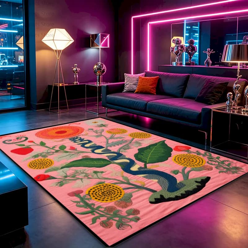 VIKAMA Boho Snake Floral Area Rug Pink Background Psychedelic Art Carpet Non‑SlipRug for Living Room Bedroom Indoor Home Decor