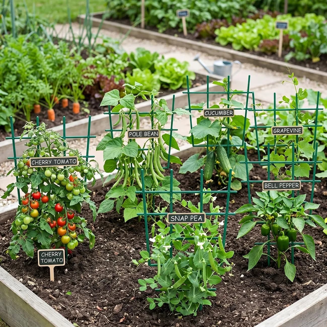 Eco-Friendly Plastic T-Shape Plant Support Green Trellis Mesh Rack for Vertical Gardening Ideal for Flowers Tomatoes Beans Peas