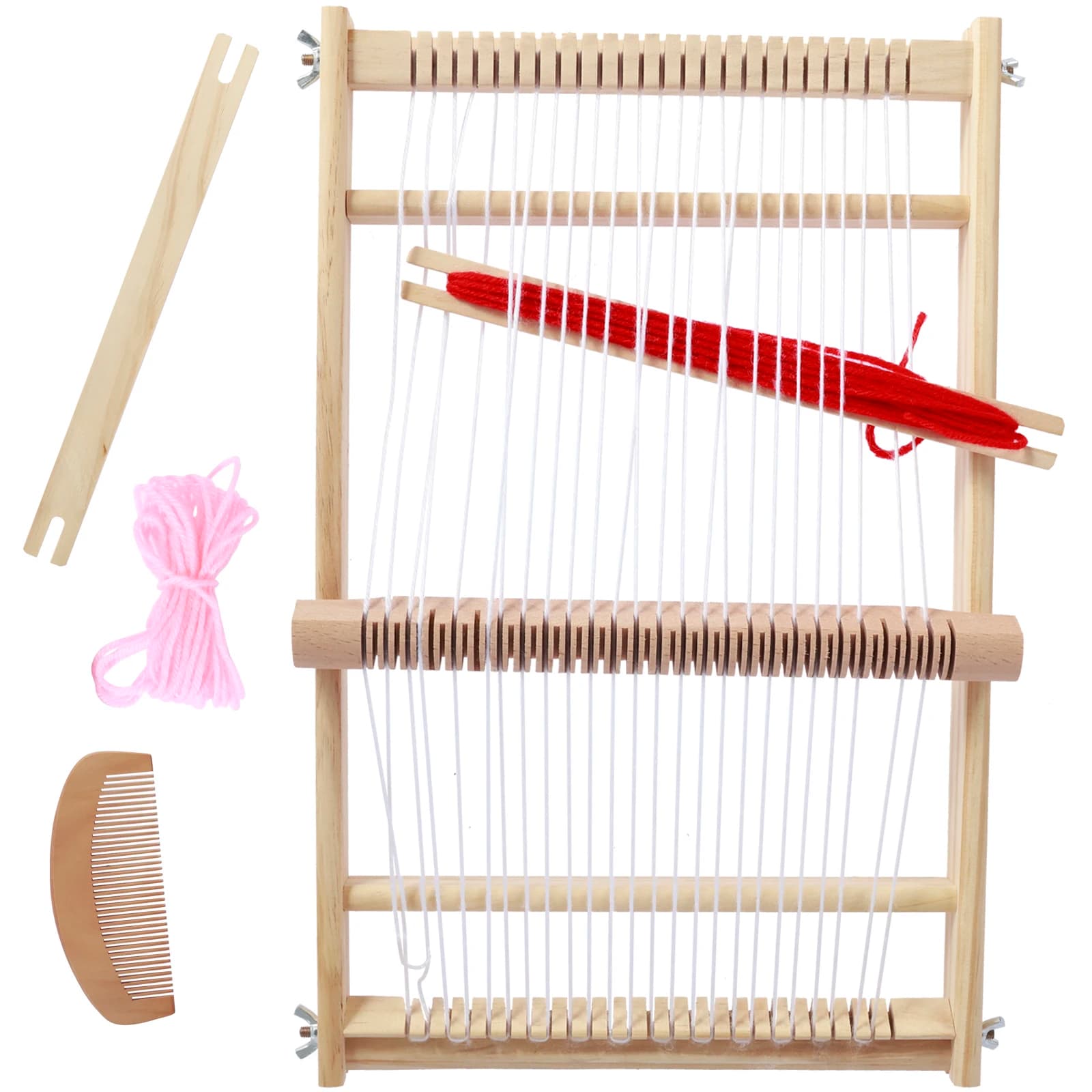Wooden Weaving Loom Kit Frame with 3 Colors Yarns Wooden Comb Winder Hand Weaving Loom Earthy Beginner Tapestry Kit