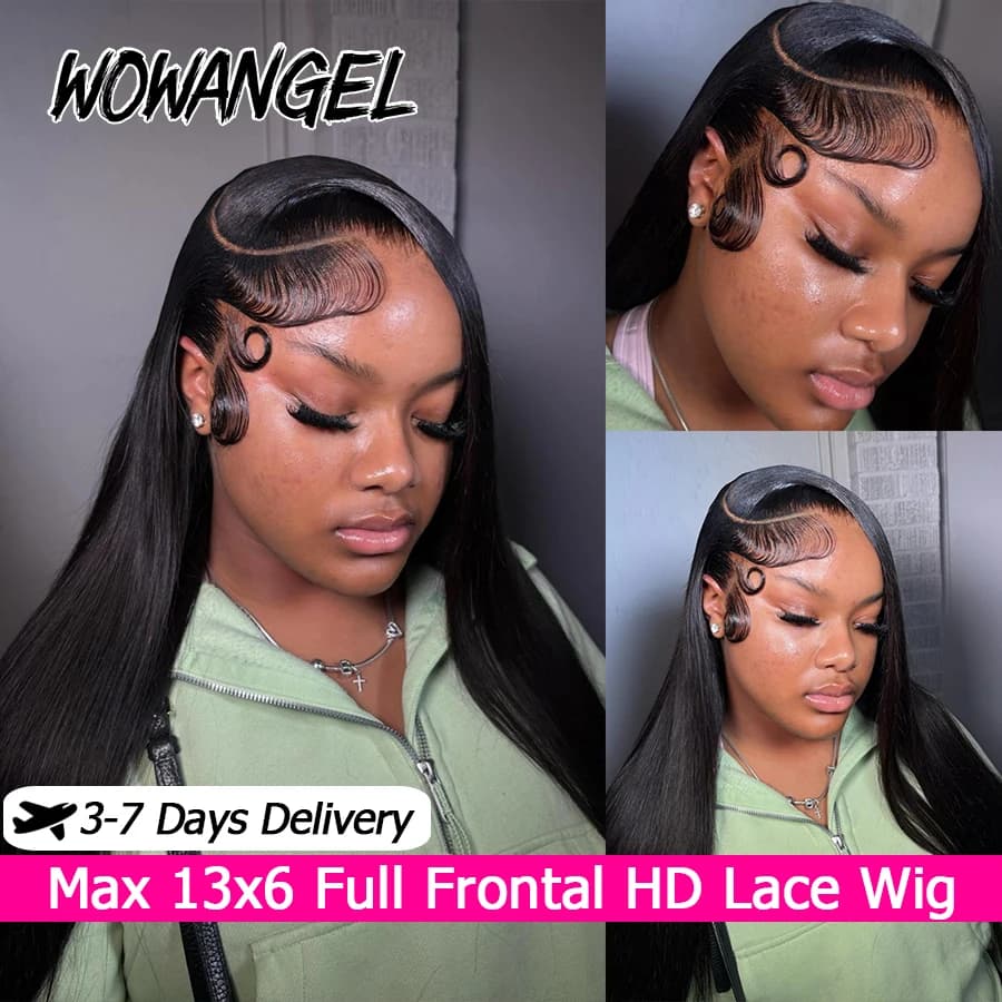WOWANGEL Parrucche Lisce con Frontale in Pizzo 100% Capelli Umani, Parrucca Frontale Completa 13X6 HD con Pizzo Pre-Pizzicato, Parrucche Brasiliane di Capelli Umani per Donne