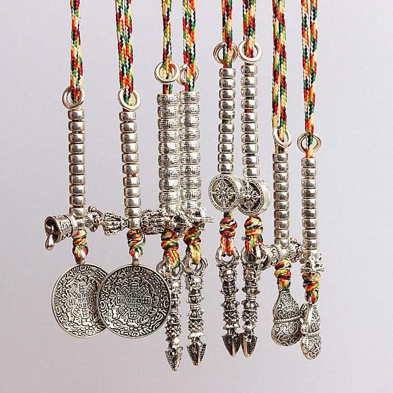 Tibetan Silver Star Moon Bodhi Counter Pendant with Brass Bell Vajra Tassel Bracelet Clip DIY Side Hanging Handmade Unique Gift