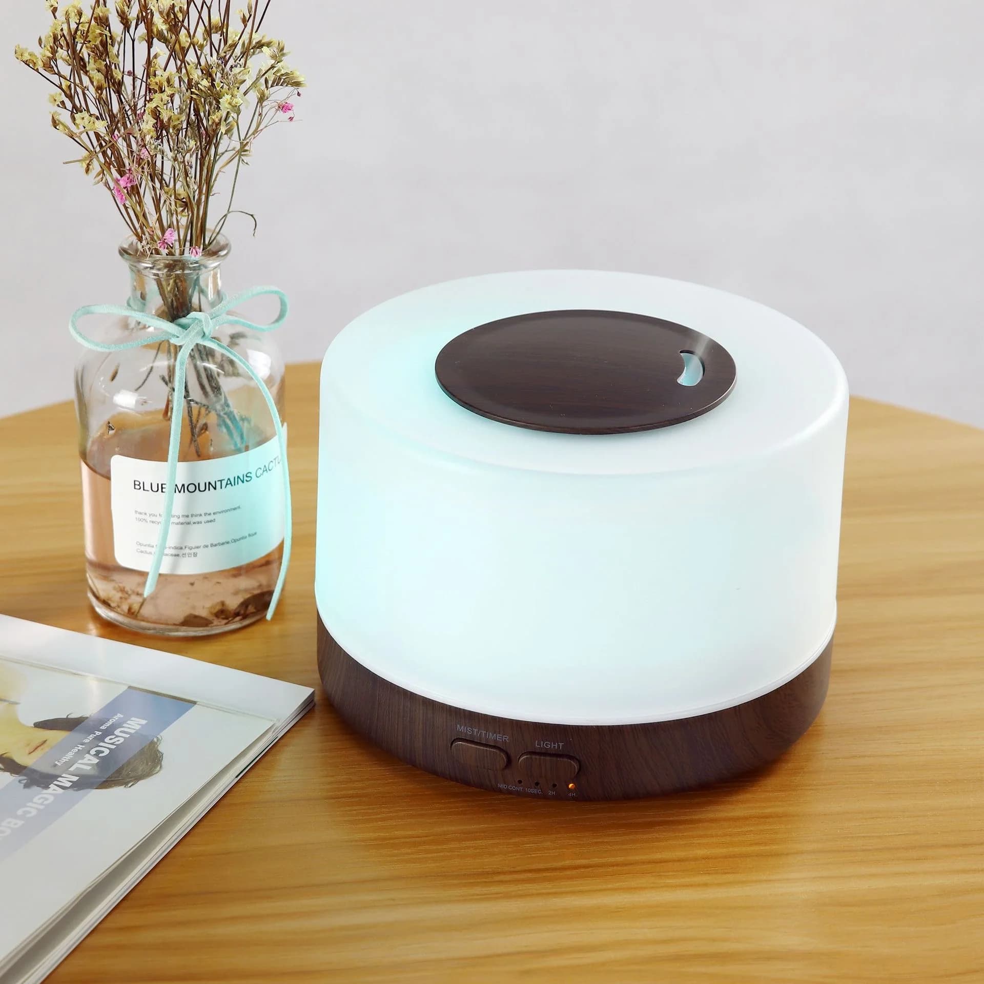 Diffusore di aromaterapia intelligente da 500 ml - Umidificatore ad ultrasuoni dal design in legno con telecomando, 7 colori LED e set regalo di 6 oli essenziali