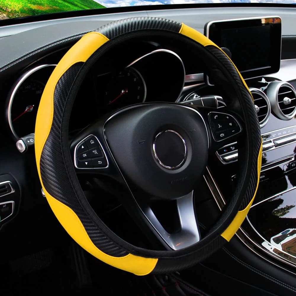 Coprivolante per auto in pelle PU universale da 14,5-15 pollici, nessun anello interno richiesto, accessorio per la decorazione del veicolo