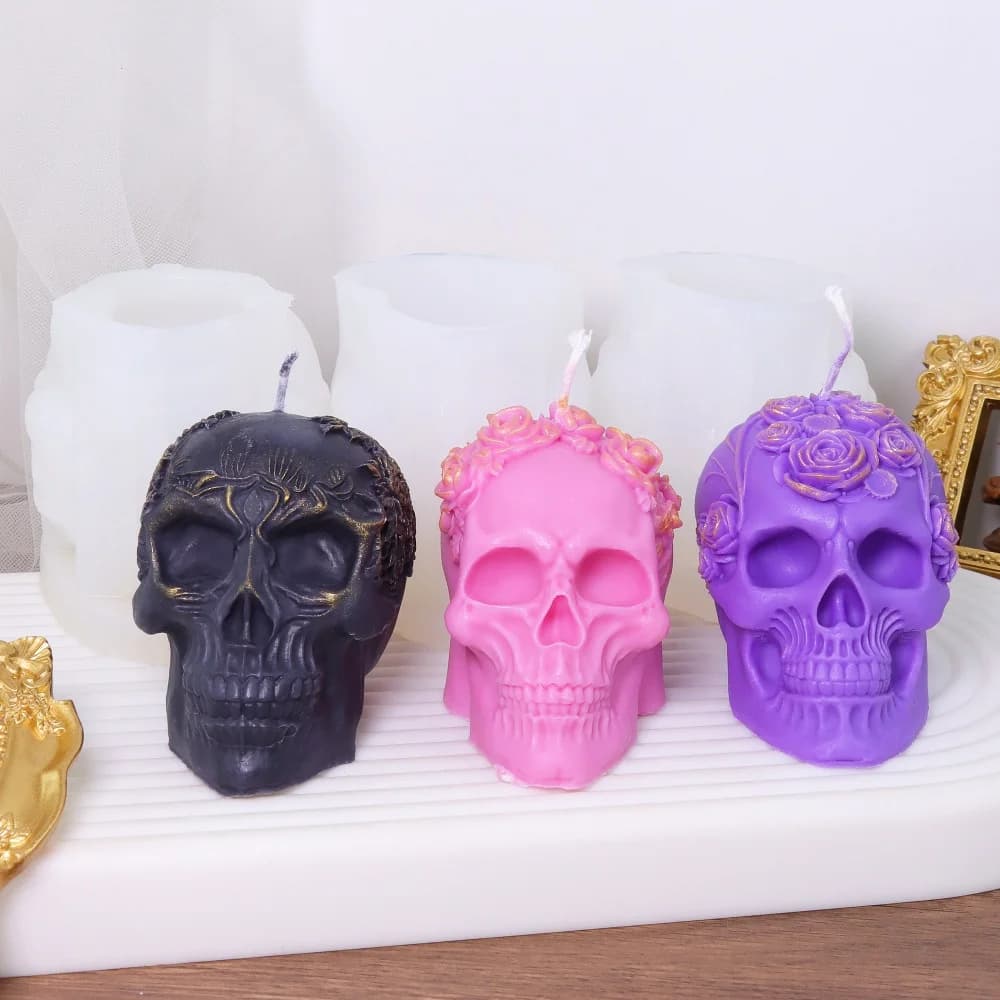 Stampo per candele in silicone con teschio stravagante fai-da-te Stampo per sapone in resina con teschio di fiori per realizzare candele artigianali in argilla e decorazioni artistiche