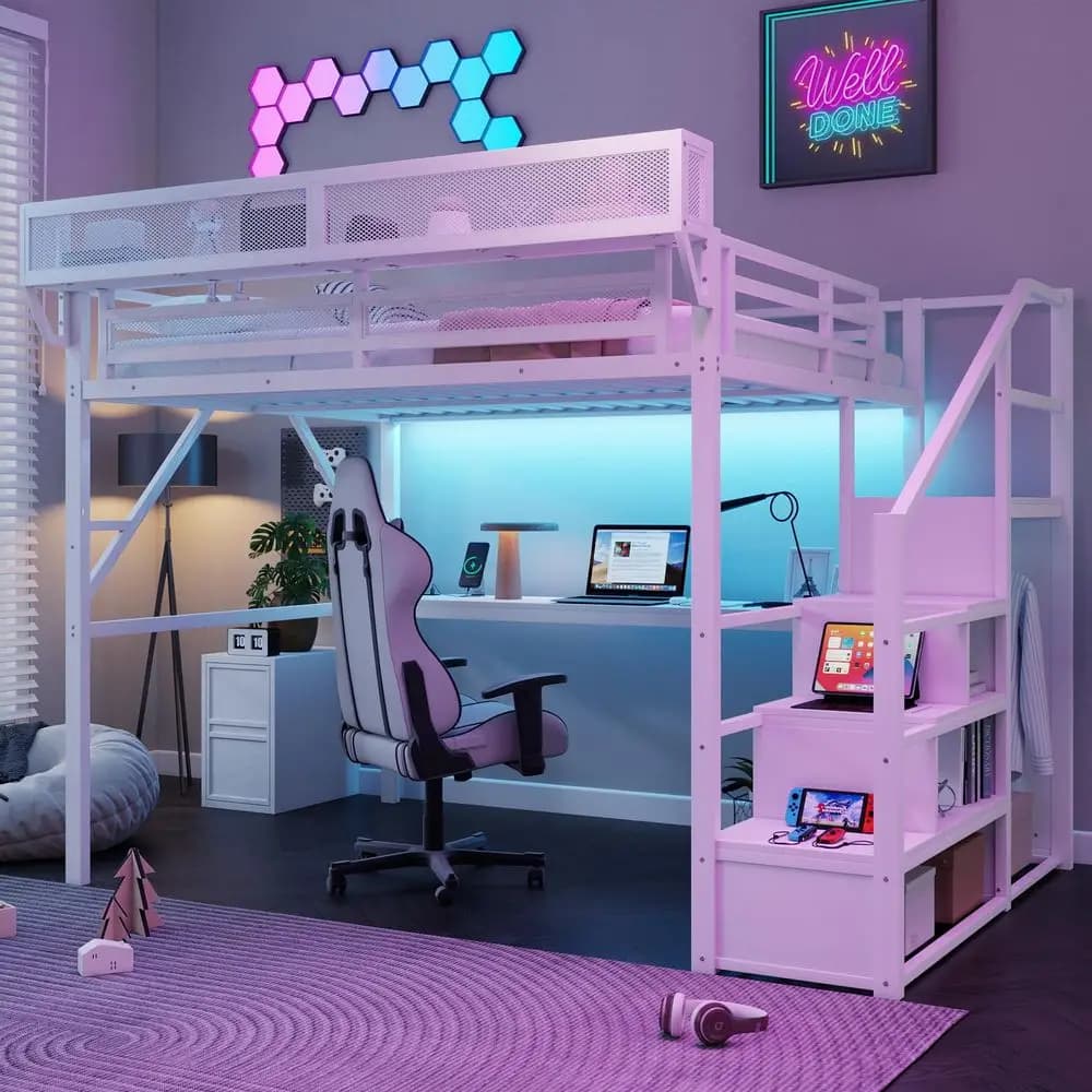 Letto a soppalco con scrivania e scale, letto a soppalco in metallo queen size con ripiano superiore, letto a soppalco gaming con LED e stazione di ricarica