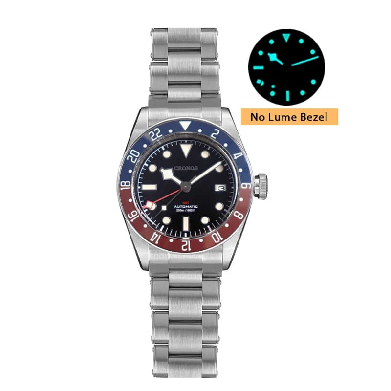 CRONOS Men's Automatic Watch 41mm GMT Mechanical Wrist Watch BGW-9 Luminous Waterproof 20Bar Sapphire Ceramic Bezel NH34