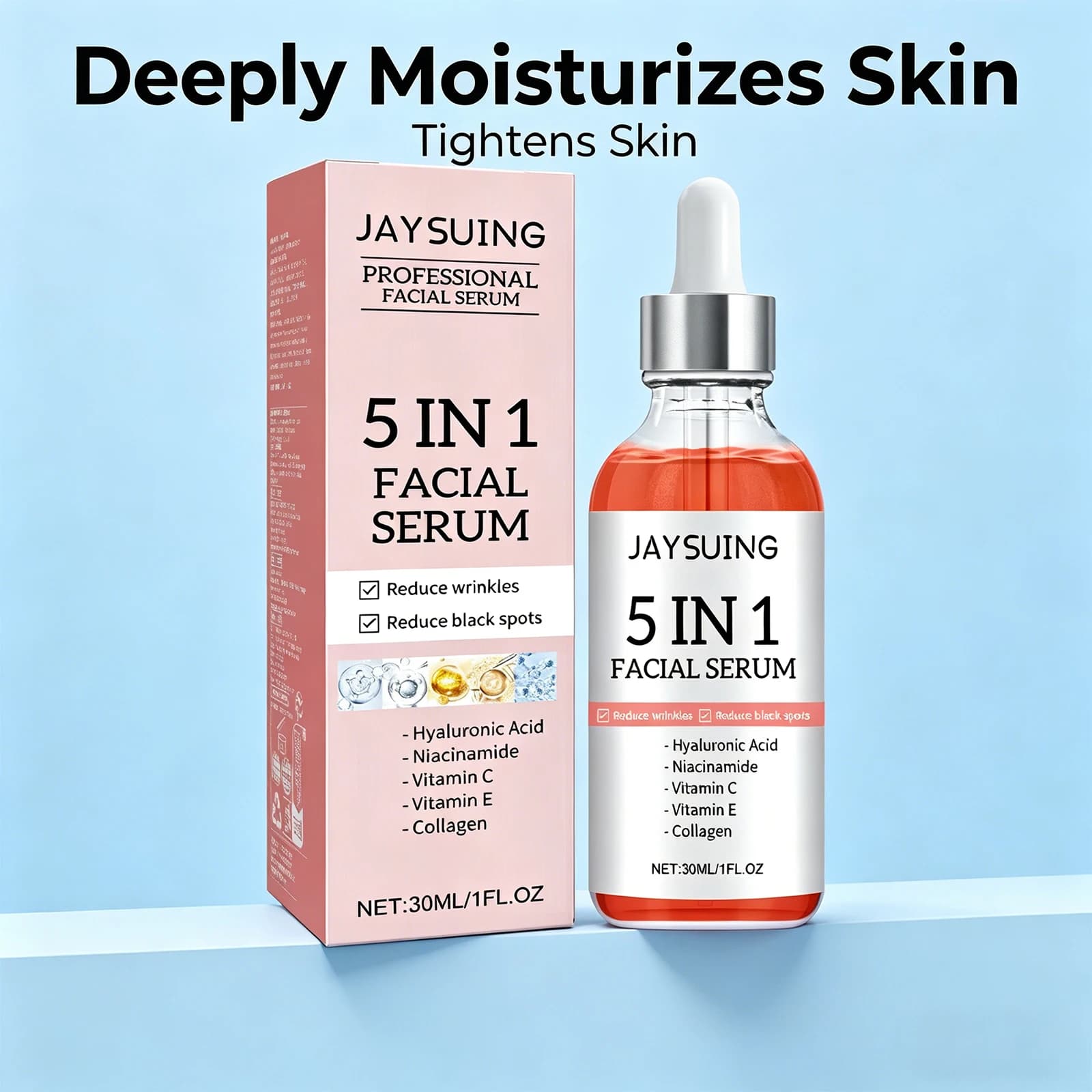 Nuovo Siero Viso 5 in 1 con Acido Ialuronico, Niacinamide e Vitamina C, Illuminante e Idratante, 30ml, per la Cura della Pelle