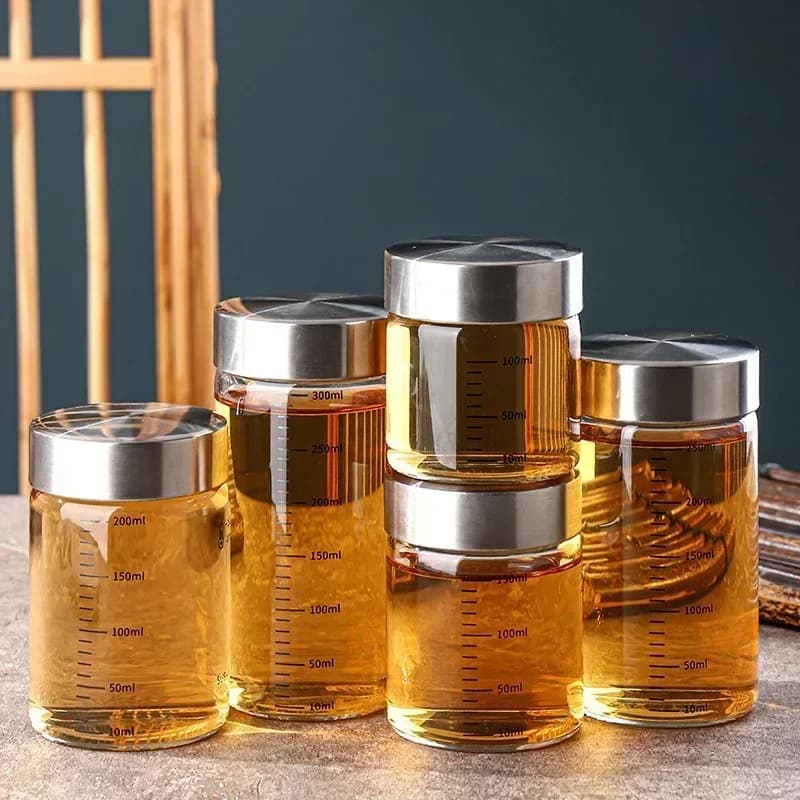 Bottiglia di vetro borosilicato alto da 100-500 ml con scala Barattolo di vetro resistente al calore condimento da cucina Bottiglia di stoccaggio di spezie Gadget
