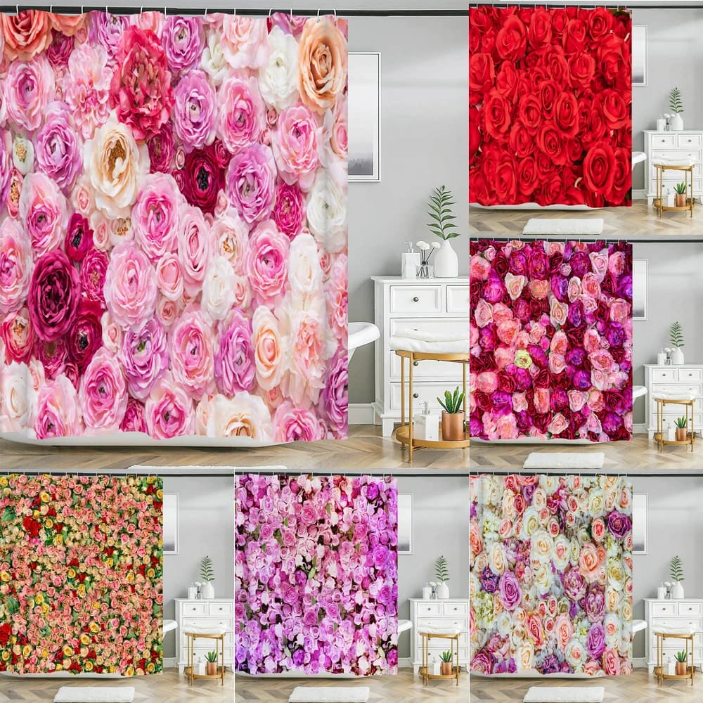 Bellissimi fiori naturali tenda da doccia tenda da bagno in tessuto poliestere impermeabile tende floreali rosa per l'arredamento del bagno
