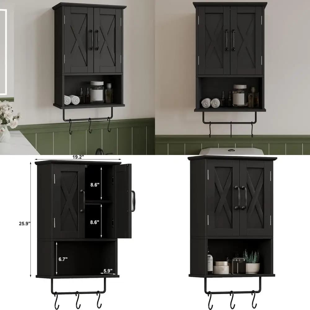 Armadietto da Bagno a Parete con Ripiani Regolabili, Portasciugamani e Ganci, per Installazione Sopra il WC, Lunghezza 19,3 Pollici, Nero