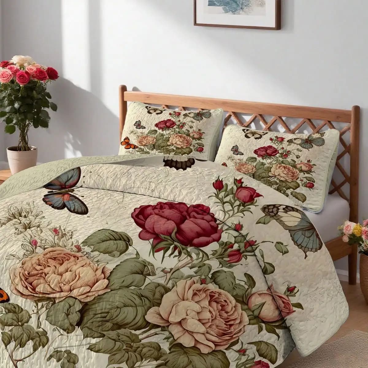 Set Quilted with Floral Print and Butterfly, 2 True, 100% Polyester, Washable in Washing Machine, Bed linen for All Seasons