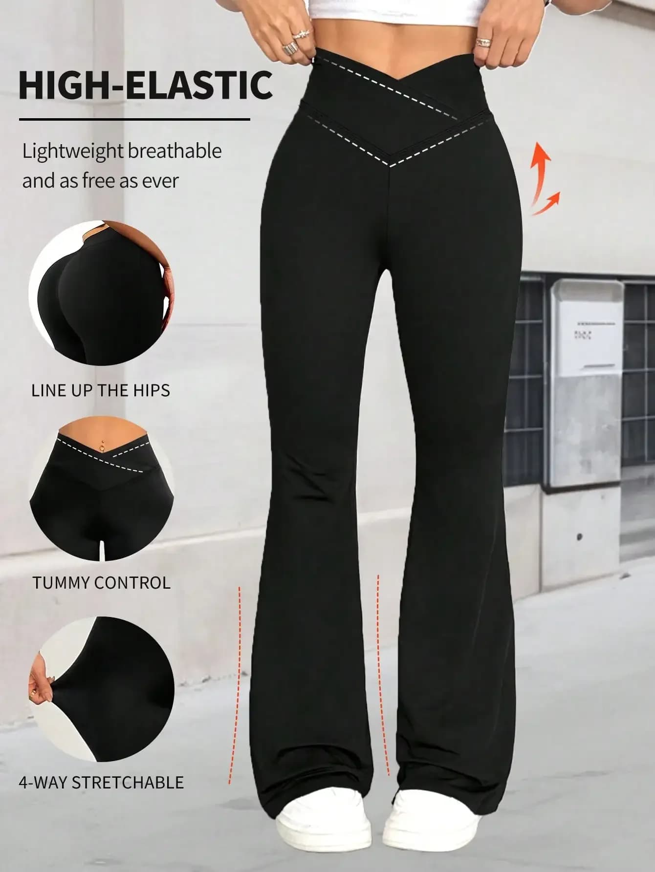 [Extremely Soft] Criss-Cross Elastic Flare Pants, Minimalist High Waist Commuting & Yoga Pants, Sexy Casual Sports Leggings, Single-Piece Butt-Lifting Design Flared Pants, Women's Sportswear, Knit Fabric, Stretchy & Comfortable, Suitable For Daily Wear An