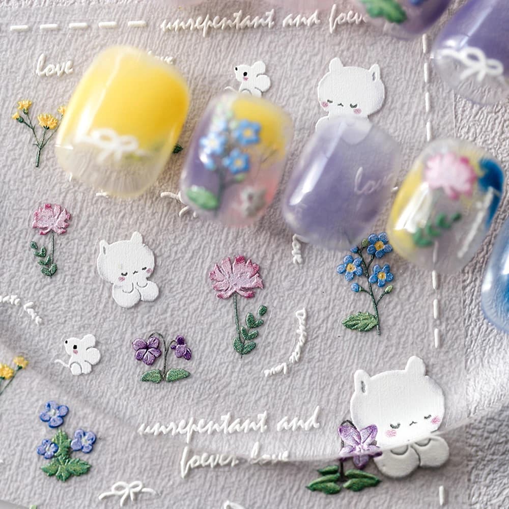Simpatico coniglietto coniglio primavera fiore di campo bowknot fiore giglio falena orchidea giardino adesivi autoadesivi per nail art decalcomanie per manicure chic
