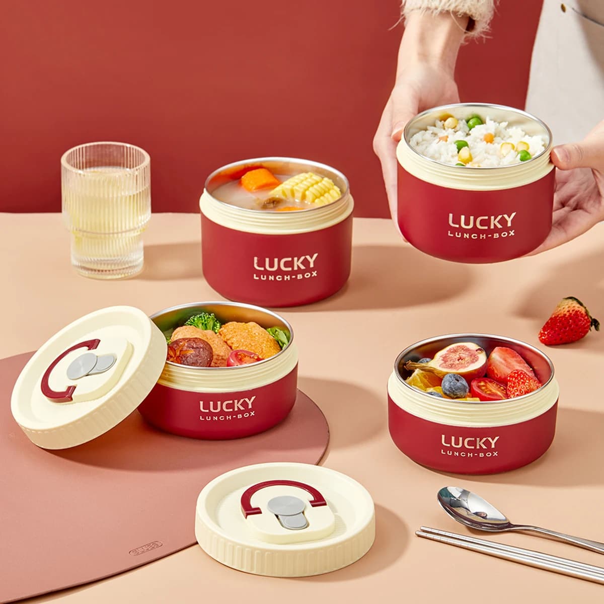 WORTHBUY Scatola per il pranzo isolata portatile Bento Box in acciaio inossidabile 304 con posate e borsa termica contenitore per alimenti a prova di perdite per microonde