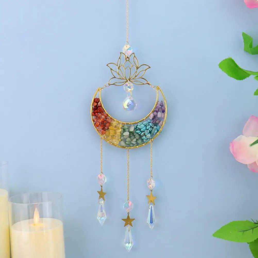 Glamorous Hanging Ornament Wind Chime Suncatcher with Glass Prisms Hanging Moon Sun Light Catcher Wind Chime Pendant for Home