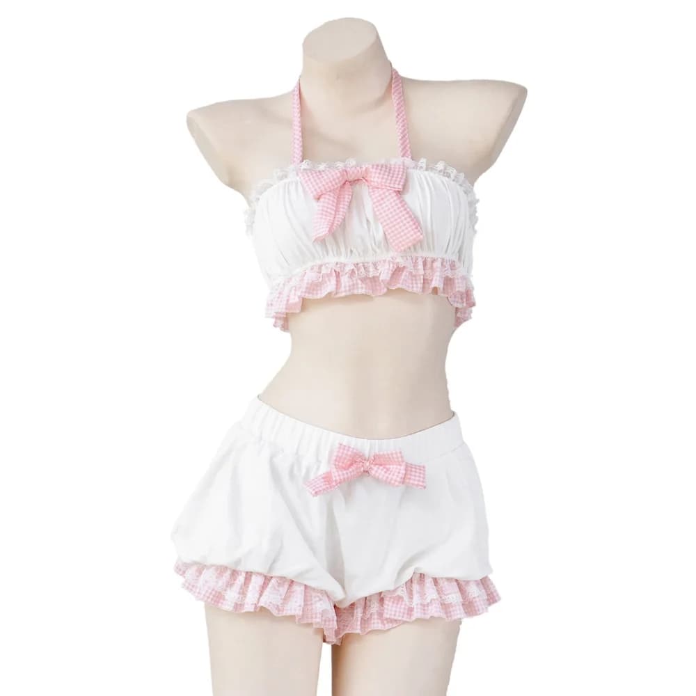 Japanese Anime Kawaii Girl Maid Unifrom Swimsuit Outfits Women PInk Cute Bow Bloomers Pajamas Cosplay Costumes Bow Lace Tops