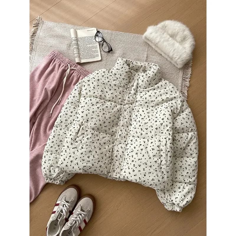 Retro carino piccolo floreale dolce inverno spesso caldo tutto-fiammifero vero piumino giacca imbottita in cotone capispalla Top