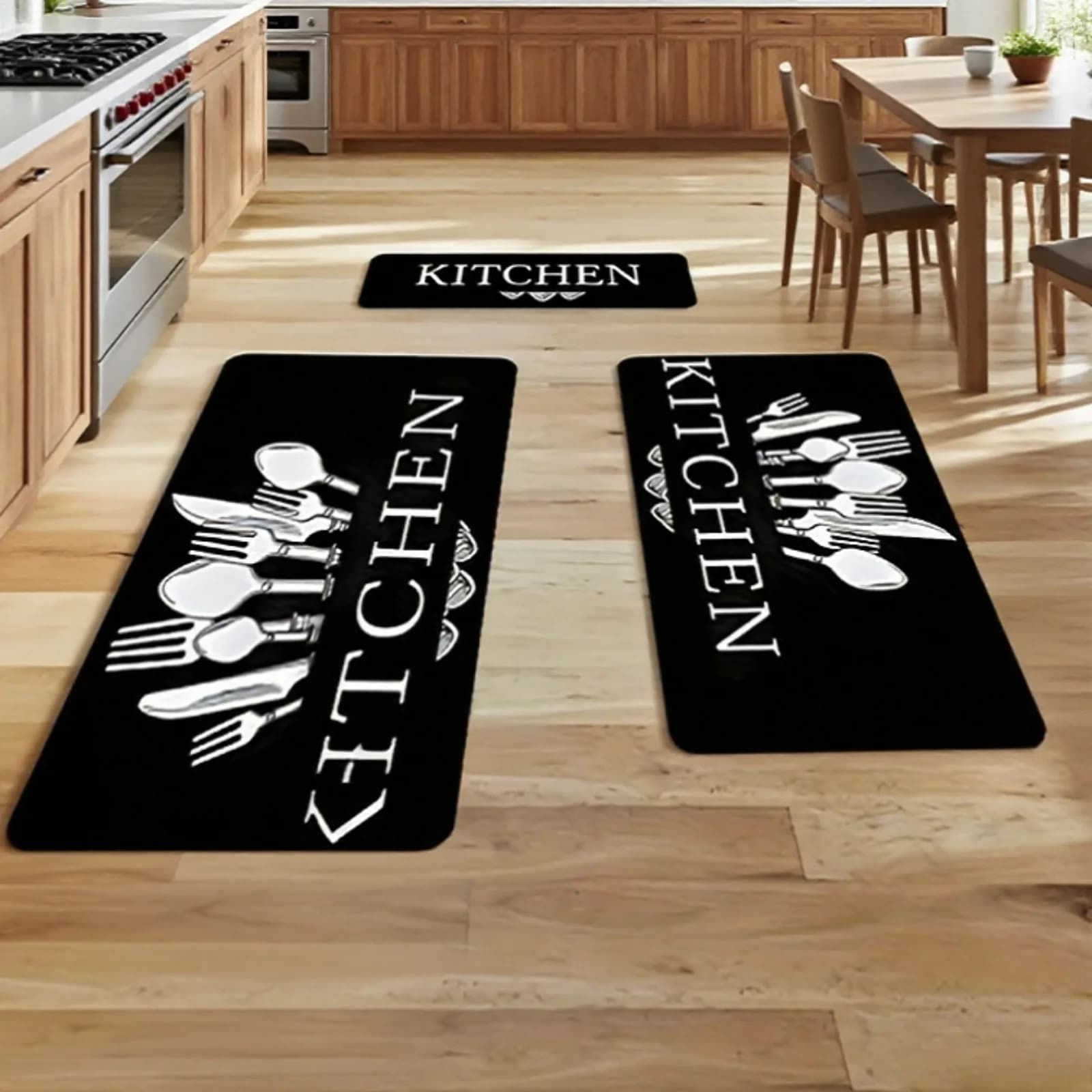 Long, non-slip, printed plush mat—suitable for kitchens, dining areas, bathrooms (absorbent), toilets, and doorways.