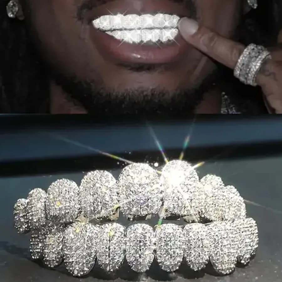 Hip pop Iced Out 10 Top & 10 Fondo 5A CZ Pietre Denti Grillz Punk Rapper 14K Placcato Oro Zircone Tappi per Denti Per Bocca Gioielli