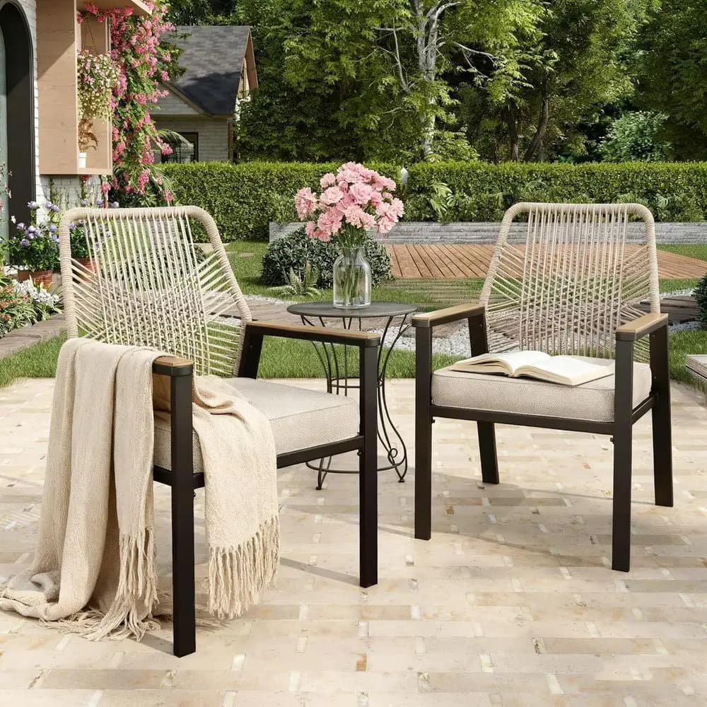 2-Piece Outdoor Wicker Dining Chair Set with 3.1 Cushions, Metal & Wood Grain, Beige