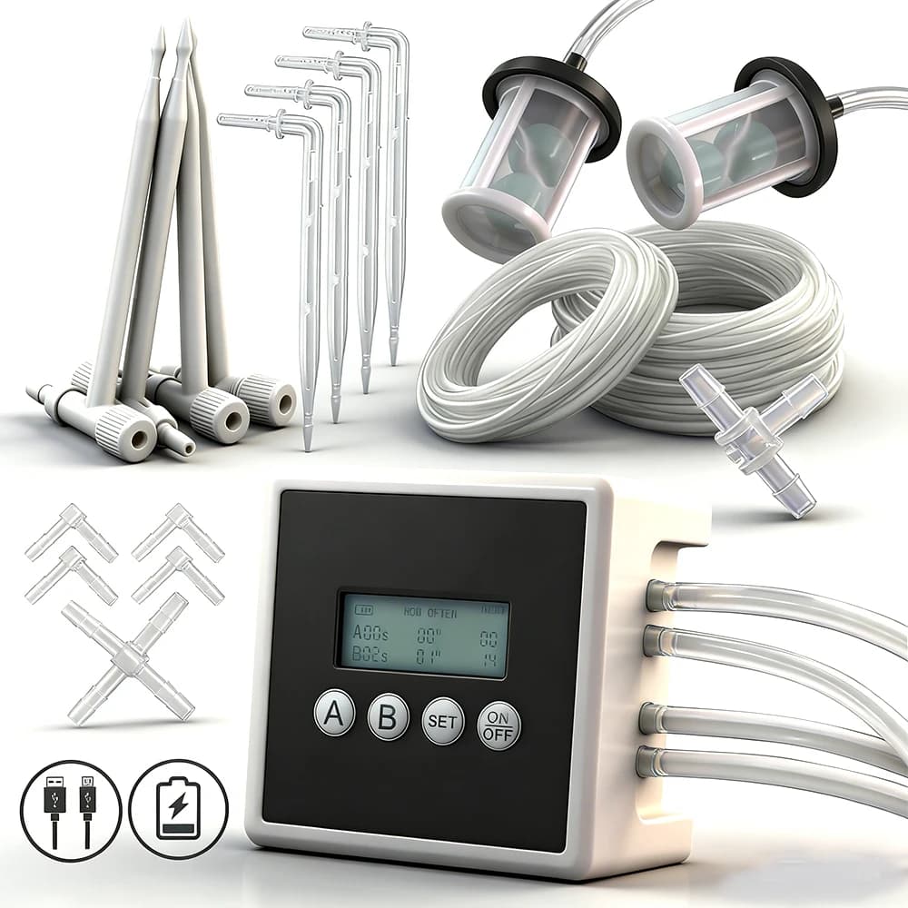 Mini Sistema di Irrigazione a Goccia Temporizzato Intelligente a Doppia Pompa per Piante da Giardino e Vasi, Kit di Irrigazione Regolabile con Tubo Trasparente da 1/4"