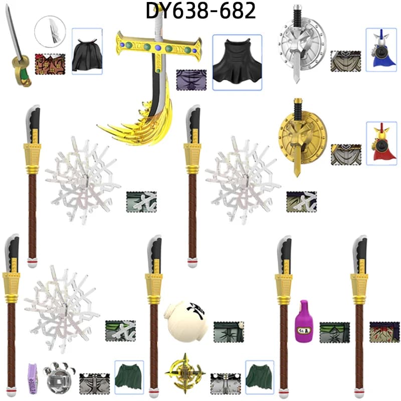 Il DY638-DY682 Armi Pantaloni Parti di capelli Action Figures Libro Coltello Scudo Spada Modello Blocchi MOC Mattoni Set Regali Giocattoli