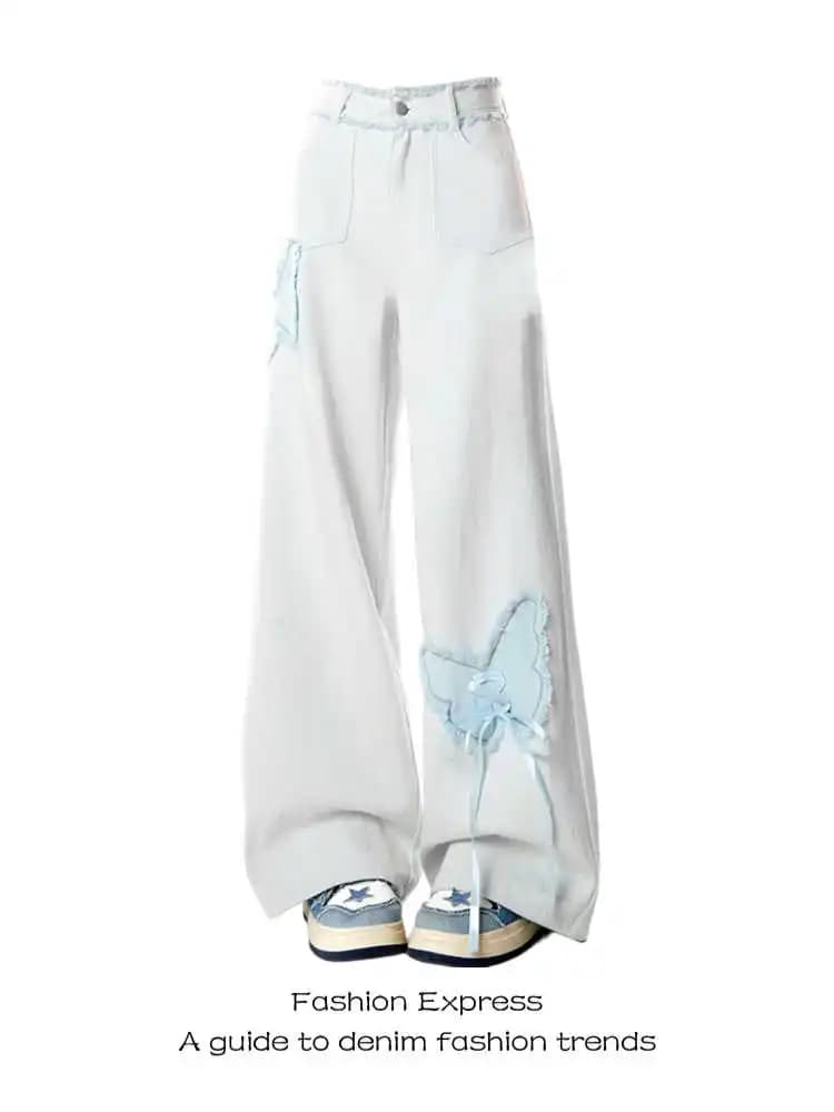 Y2K Blue Butterfly Jeans da donna a vita alta Pantaloni in denim larghi dritti vintage Streetwear Pantaloni in denim a gamba larga alla moda americana