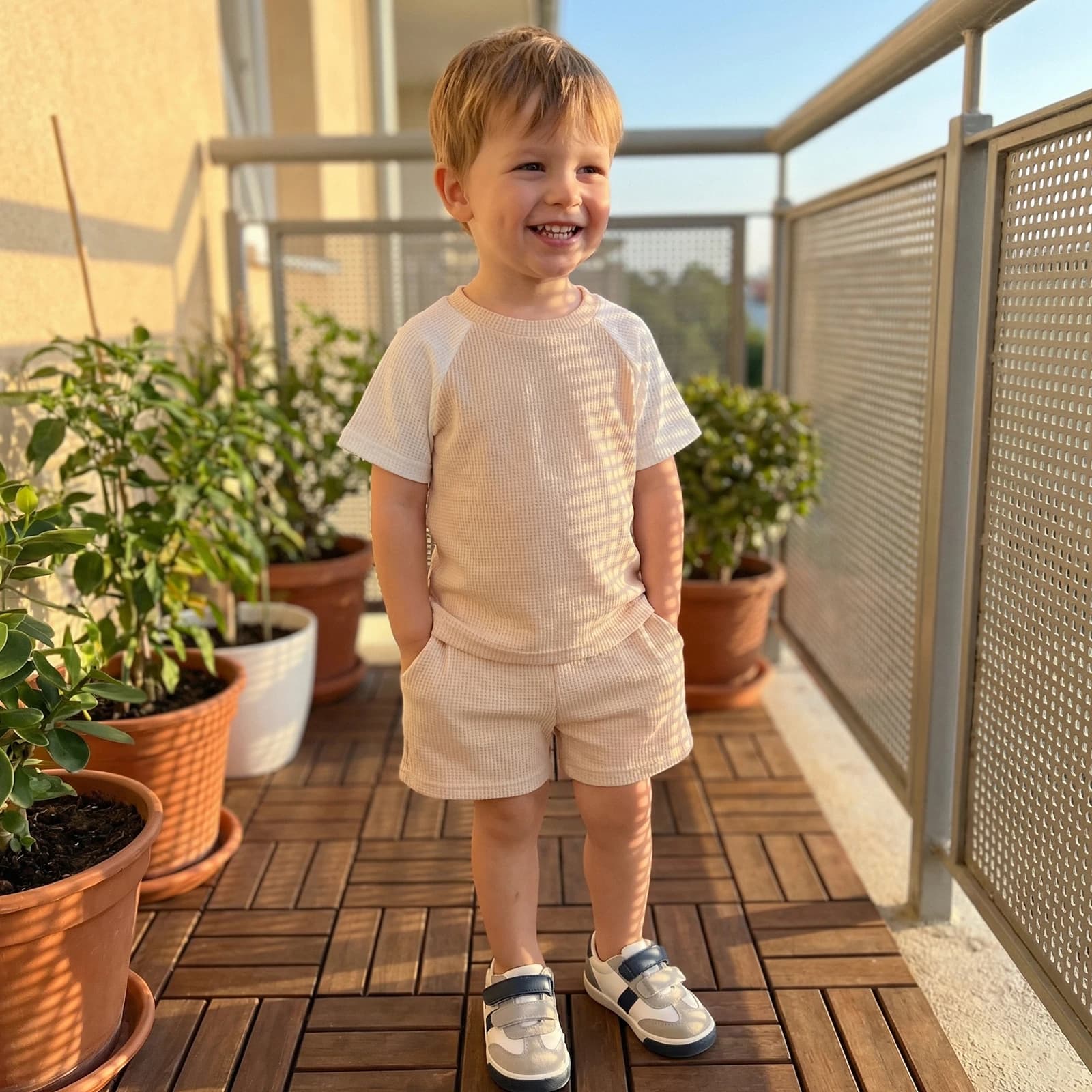 Completo estivo per bambini e neonati, in tessuto waffle, con colori a contrasto, t-shirt a maniche corte e pantaloncini elasticizzati, abbigliamento casual.