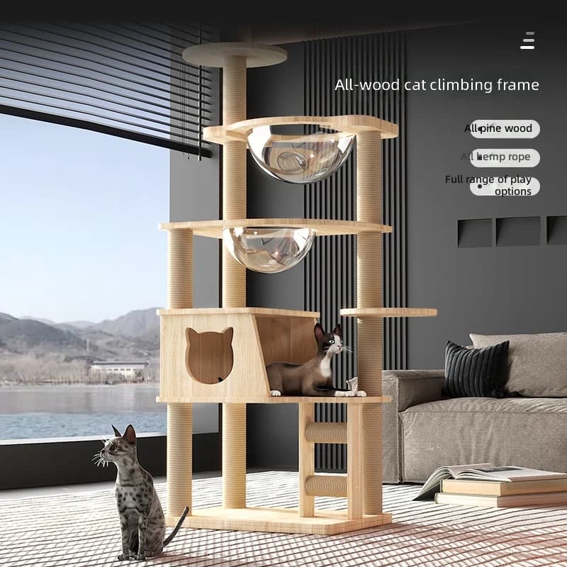 Albero per Gatti con Cuccia e Tettuccio, Torre Rampicante in Legno Massello per Gatti per Spazi Ridotti, Mobili Multilivello per Animali Domestici, Tiragraffi da Interno per Gatti