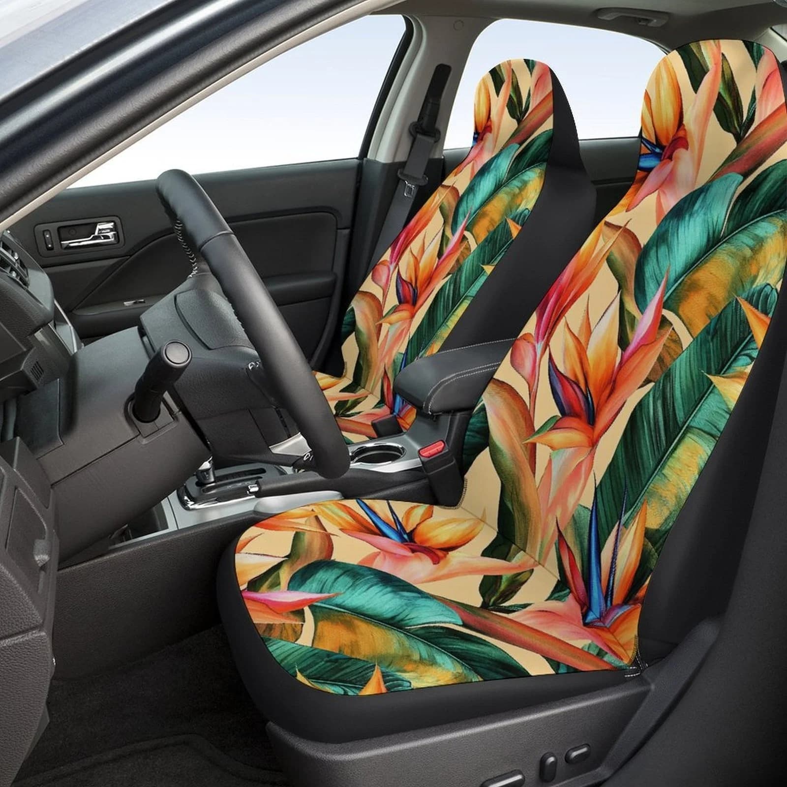 Car seat covers with 2-piece tropical leaf print: breathable and anti-slip front seat protectors, suitable for most vehicles, vibrant floral design