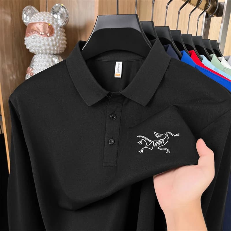 Polo a Maniche Lunghe da Uomo Design Originale con Colletto, Bottoni e Ricamo, T-Shirt da Golf Primaverile alla Moda, Abbigliamento Casual Maschile