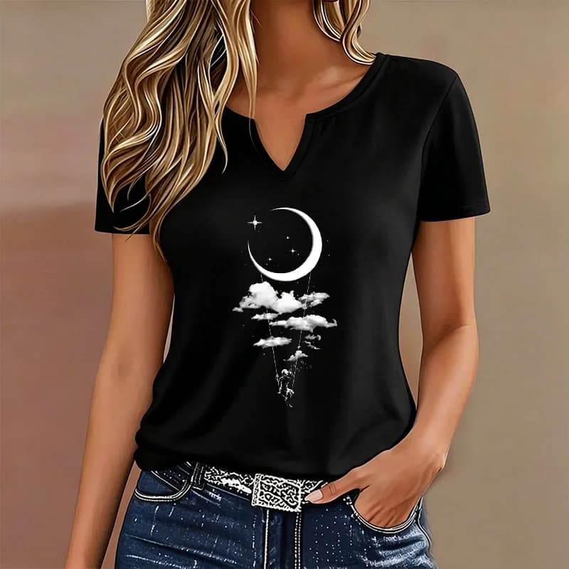 T-shirt Y2K Moon Harajuku alla Moda con Scollo a V, Maglietta Casual Stampata da Donna a Maniche Corte, Top Estivo con Scollo a V